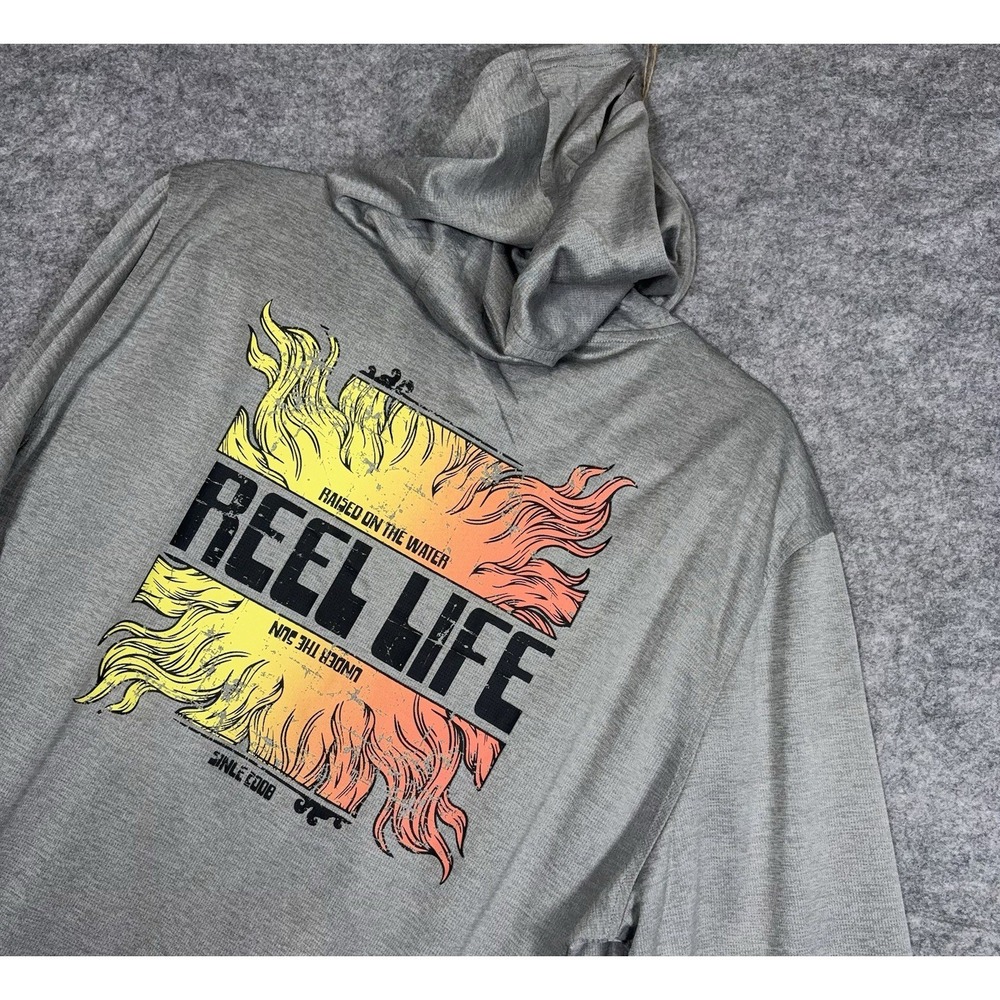 Reel Life Hoodie Mens XL Gray Pocket Lightweight Logo Graphic Fishing Ocean